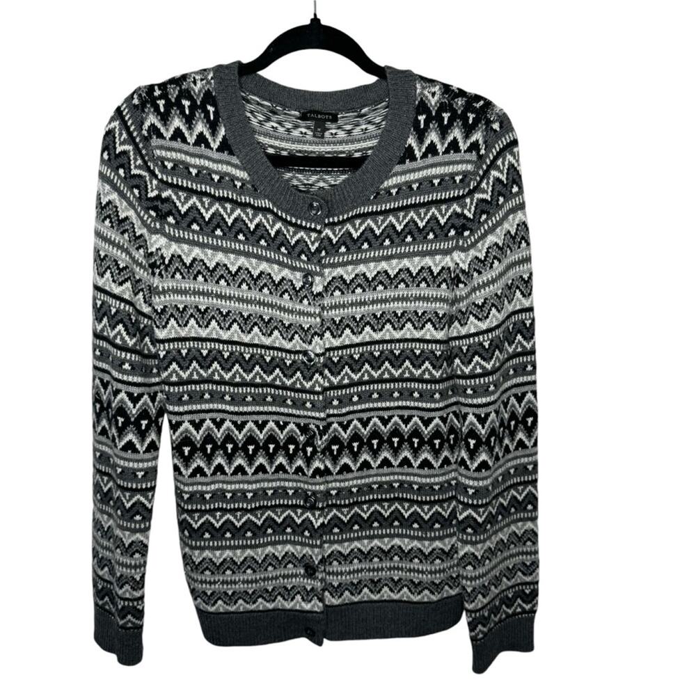 TALBOTS / gray black white wool blend fair isle printed cardigan sweater / M